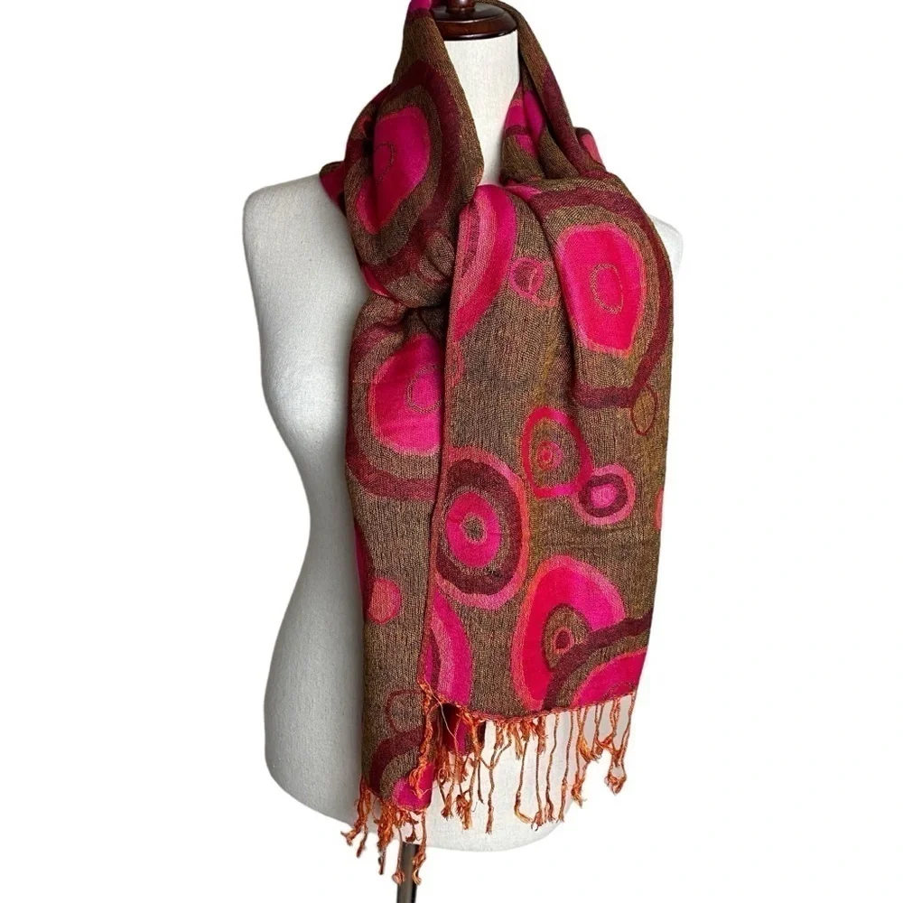 Pashmina silk Reversible Circle Dots‎ fringed pink brown Gold Scarf Approx 69x27